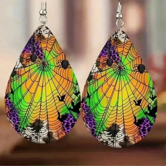 Halloween Spider Web Spider Earrings - Picture 3 of 3